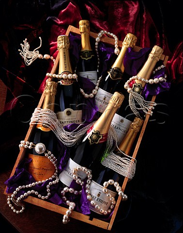 Bottles of Champagne with pearls Albert Etienne   Bollinger Veuve Clicquot Ponsardin and Taittinger
