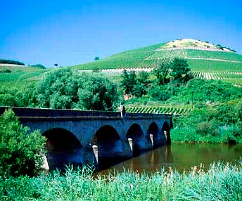 Bridge over the Nahe at Oberhausen with the   Steinberg and Hermannsberg vineyards beyond Germany   Nahe