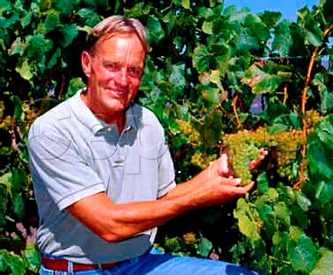 Richard Sanford with ripe Chardonnay grapes in the   Sanford and Benedict Vineyard Buellton   Santa Barbara Co California    Santa Rita Hills AVA  Santa Ynez Valley AVA