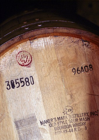 Barrel of Sour Mash Bourbon in the distillery of  Makers Mark Loretto Kentucky USA