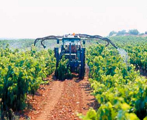 Spraying vineyard near Logroo La Rioja Spain    Rioja Baja