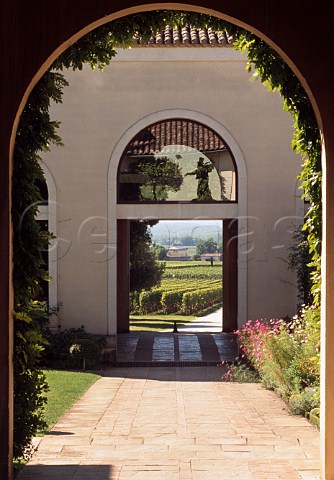 Courtyard of Chteau Anglus with its    vineyard beyond Stmilion Gironde  France    Saintmilion  Bordeaux