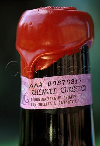 Wax seal and DOCG label on bottle of  Vignamaggio Chianti Classico wine   Greve in Chianti Tuscany Italy  Chianti Classico