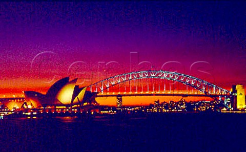 Opera House and Harbour Bridge at dusk Sydney  New South Wales   Australia