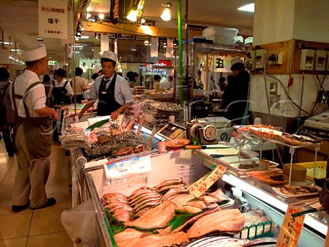 Fish stall at an exhibition of food from Hokkaido in   Tokyu department store Kichijoji Tokyo Japan