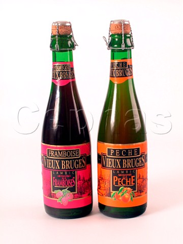 Bottles of Vieux Bruges Framboises and Peche lambic   beer raspberry and peach Belgium