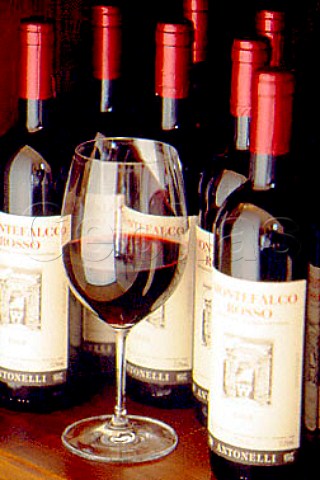 Glass and bottles of Montefalco Rosso of   Antonelli Umbria Italy