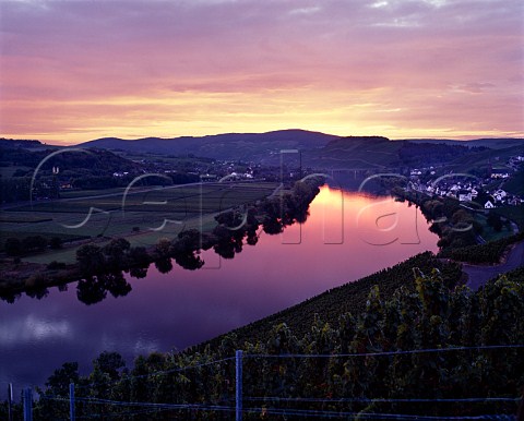 Sunset afterglow reflecting in the River Mosel at   Lieser Mosel Germany