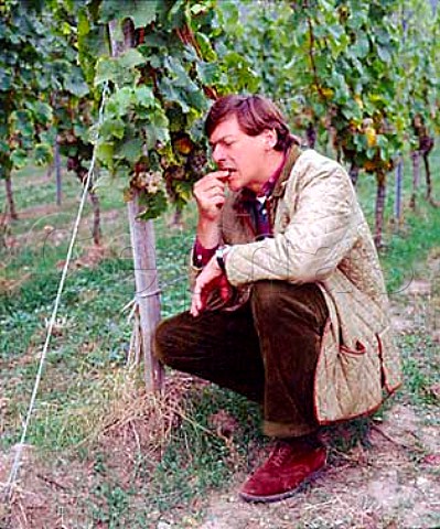 Christian von Guradze winemaker at   Weingut Dr BrklinWolf tasting riesling grapes in   Rechbchel Einzellage Wachenheim Pfalz Germany