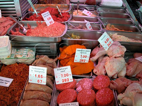 Fresh meats on display in a delicatessen Brugge   Belgium