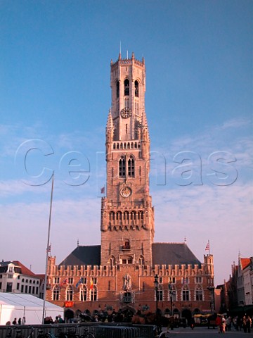 Octagonal bell tower overlooking the market square   Brugge Belgium