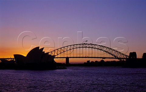 Opera House and Harbour Bridge at dusk Sydney   New South Wales Australia