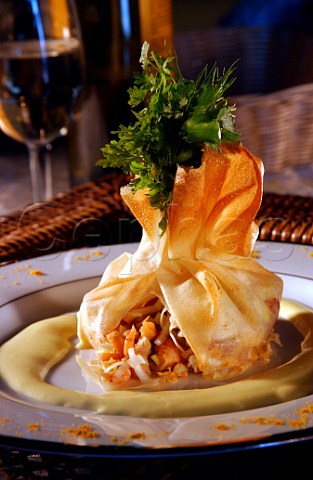 Mixed seafood in filo pastry parcel