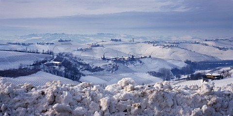 Heavy snowfall on the vineyards of Barbaresco Piemonte Italy
