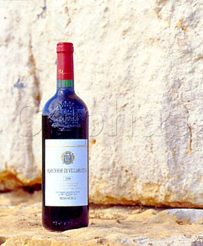 Bottle of Marchese di Villamarina wine standing on   rocks that were excavated prior to the vineyard   planting   Sella  Mosca Alghero Sardinia Italy
