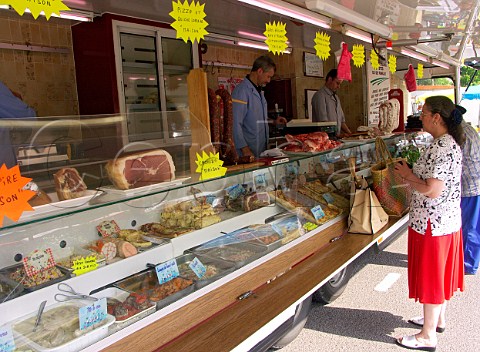 Delicatessen stall at Blaye market Gironde France   Aquitaine