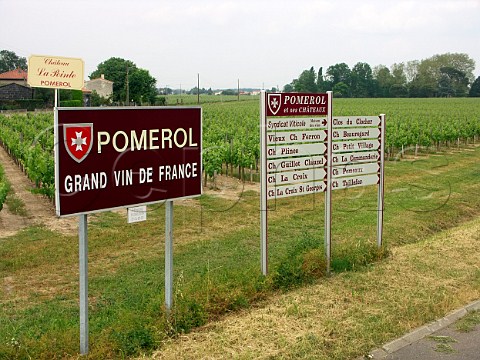 Signs for Pomerol district and local chteaux on the   edge of Libourne Gironde France Pomerol    Bordeaux