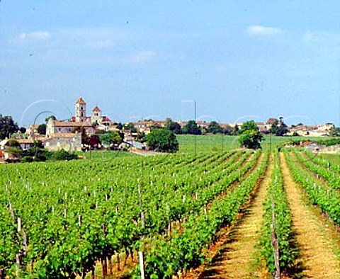 Church towers in StGeorges and Montagne behind   seen across vineyards of StGeorgesStmilion   Gironde France StGeorgesStmilion  Bordeaux