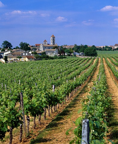 Church towers in StGeorges and Montagne behind seen across vineyards of StGeorgesStmilion   Gironde France StGeorgesStmilion  Bordeaux