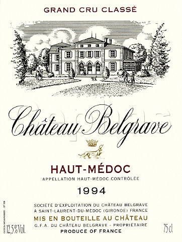 Wine label of Chteau Belgrave 1994  HautMdoc  Bordeaux