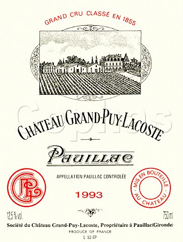 Wine label of Chteau GrandPuyLacoste 1993  Pauillac  Bordeaux