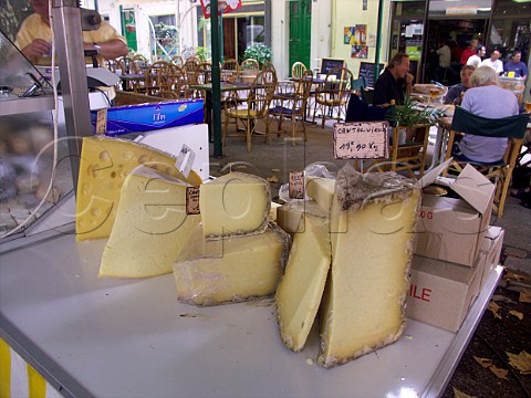 Selection of cheeses on sale at Montagnac market   Hrault France LanguedocRoussillon