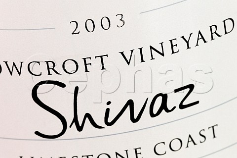 Label on bottle of Howcroft Vineyard 2003 Shiraz