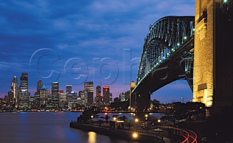 Sydney and Harbour Bridge at dusk viewed from   Kirribilli  New South Wales Australia