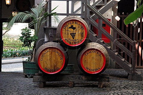 Decorative barrels in the courtyard of Adegas de So   Francisco Owned by the Madeira Wine Company   Funchal Madeira Portugal