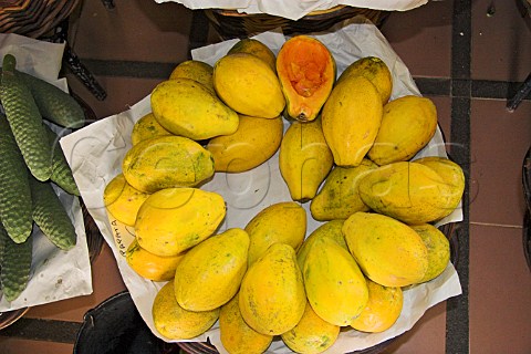 Display of papaya on a market stall at the Mercado   dos Lavradores Funchal Madeira Portugal