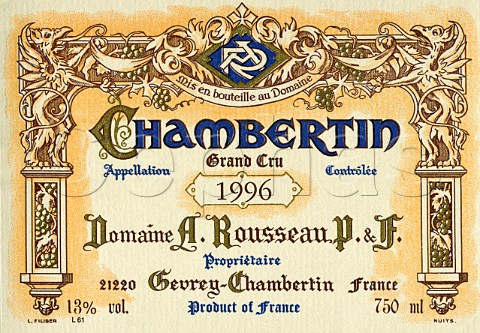 Wine label from bottle of 1996 Armand Rousseau Grand   Cru Chambertin GevreyChambertin Cte dOr France