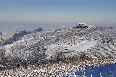 Snow covering the winery and vineyard of Sergio   Gomba on the hill at Boschetti near Barolo   Piemonte Italy