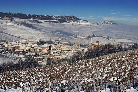 Barolo viewed from the Boschetti vineyard of Sergio   Gomba with the hilltop village of La Morra in the   distance   Piemonte Italy  Barolo