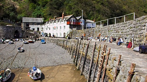 Fishing boats in Clovelly harbour North Devon   England