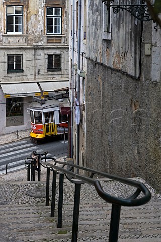 Tram on street Bairro Alto Lisbon Portugal