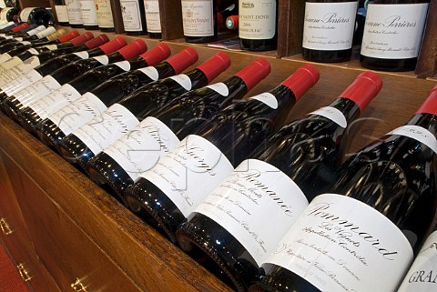 Selection of Grand Cru Leroy Burgundy bottles on   display in JeanLuc Aegerter wine shop Rue Carnot   Beaune Cte dOr France