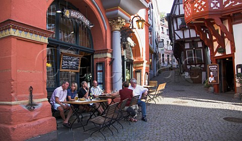 Terrace tables outside the Ratskeller restaurant   Bernkastel Mosel Germany