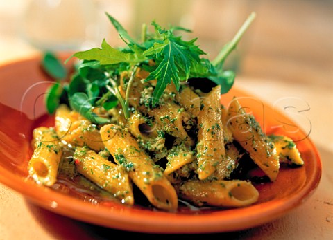 A bowl of pesto and penne
