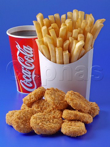 Chicken nuggets chips and coke