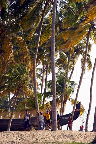 Indian men amongst the palm trees on the beach at Kattoor Kalavoor Alappuzha Alleppey Kerala India