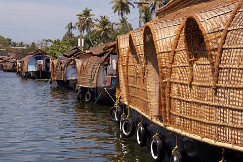 Houseboats moored along the Kuttanad the backwaters of Kerala known as the Venice of the East Alappuzha Alleppey Kerala India