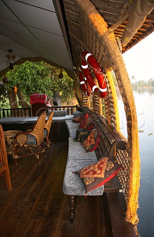 Houseboat interior in the early morning sunshine on the Kuttanad the backwaters of Kerala known as the Venice of the East Kerala India