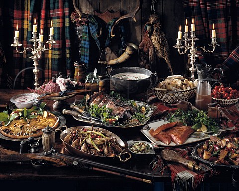 Scottish hunting lodge feast Venison grouse smoked salmon pheasant roast potatoes and apple tart
