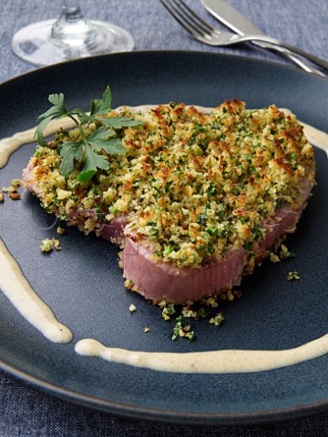 Tuna herb crumble with oyster sauce