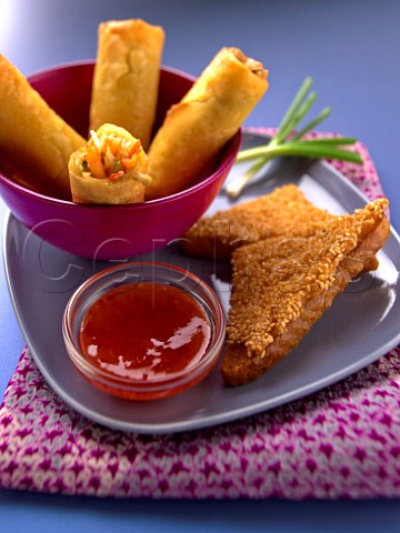 Sesame toast and spring rolls with dip