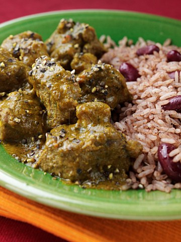 Goat curry with kidney beans and rice