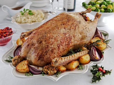 Christmas Roast Goose with sprouts jerusalem artichoke pure and vegetables