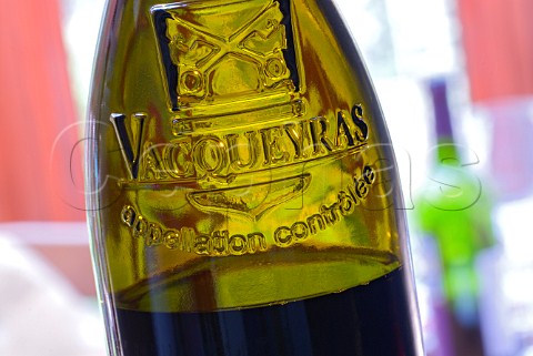 Closeup on bottle of Vacqueyras red wine