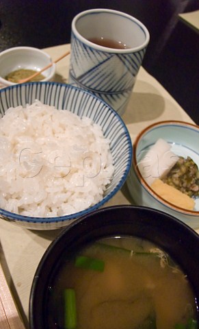 Japanese miso soup with boiled rice and pickles