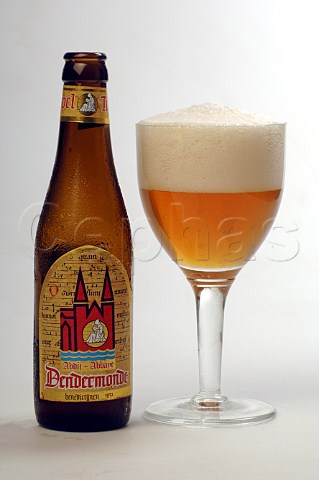 Bottle and Glass of Dendermonde Abbaye tripel blond beer Belgium